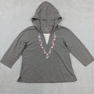 Hasting & Smith Hooded Top Womens PL Gray Floral Embroidered 3/4 Sleeve Pullover